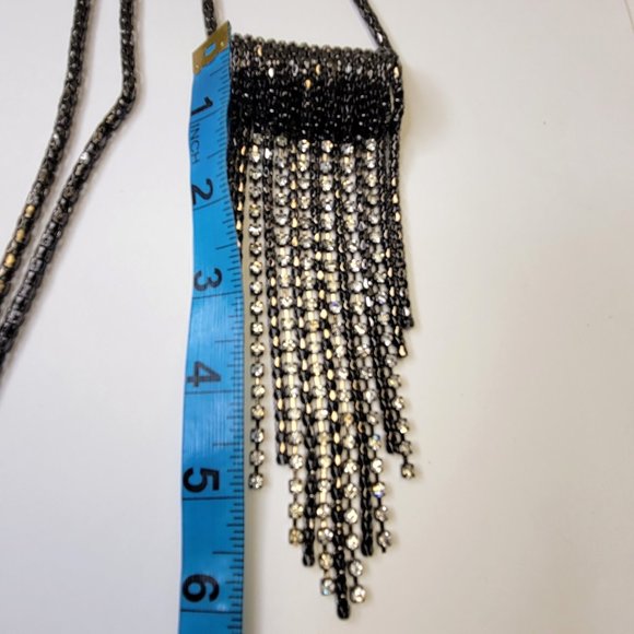Gunmetal Tone Long Necklace with Crystals Tassels - Picture 10 of 15
